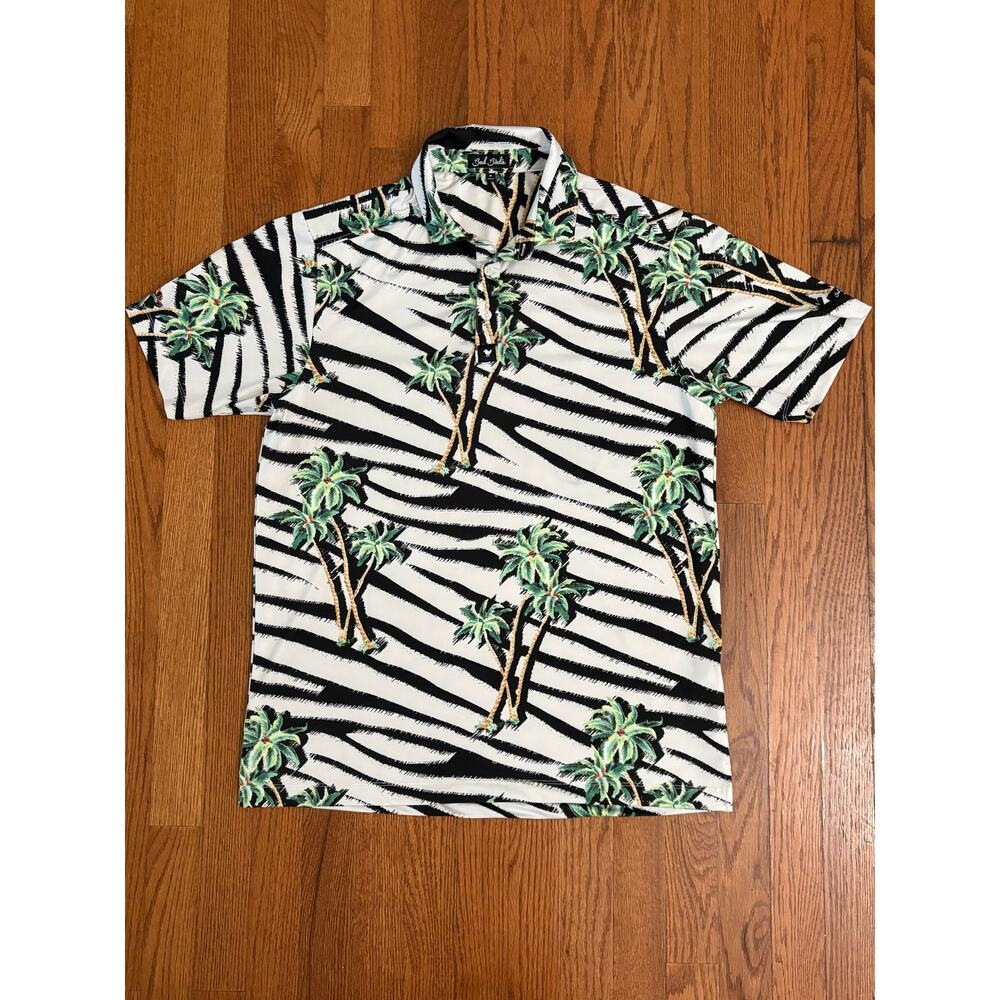 Bad Birdie Mens Zebra Palm Tree Golf Polo Shirt White Black Green Size‎ Medium